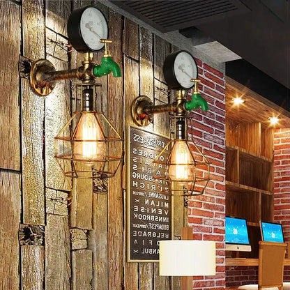 Industrial retro wall sconces with brass pipes green faucet accents and warm filament bulbs for bedroom decorbites industrial retro