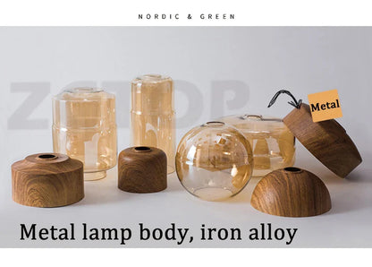 Industrial retro led pendant light with wooden and glass shades natural wood grain iron alloy base for dining room light source