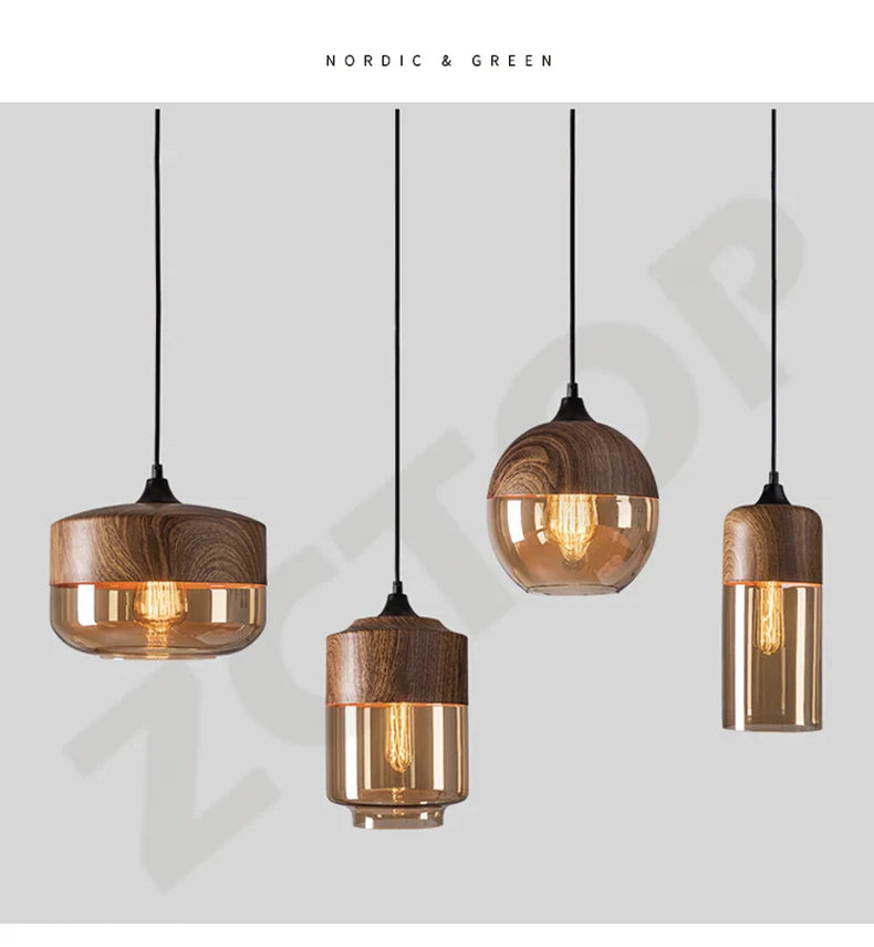 Warm-toned glass led pendant light with natural wood accents and exposed filament bulbs for dining room light source
