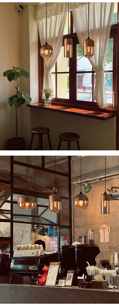 Warm brass industrial retro led pendant light with glass shades as light source in dining room and café ceiling decor