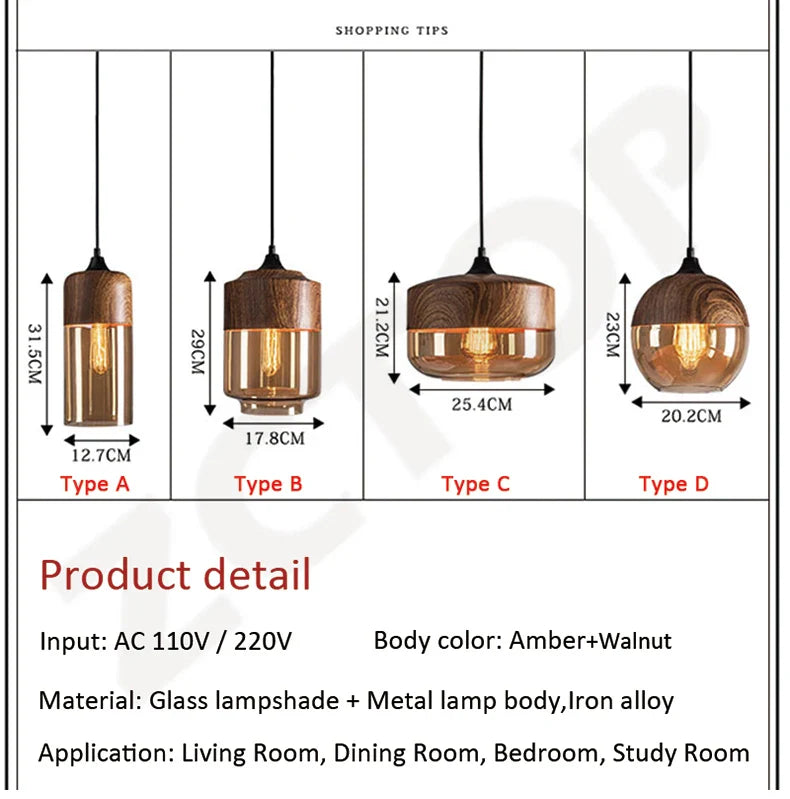 Amber and walnut-finished led pendant light with iron alloy metal body for dining room and indoor light source