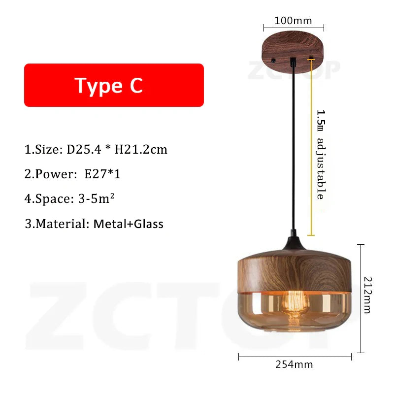 A modern industrial retro led pendant light with warm wood grain and clear glass for dining room light source