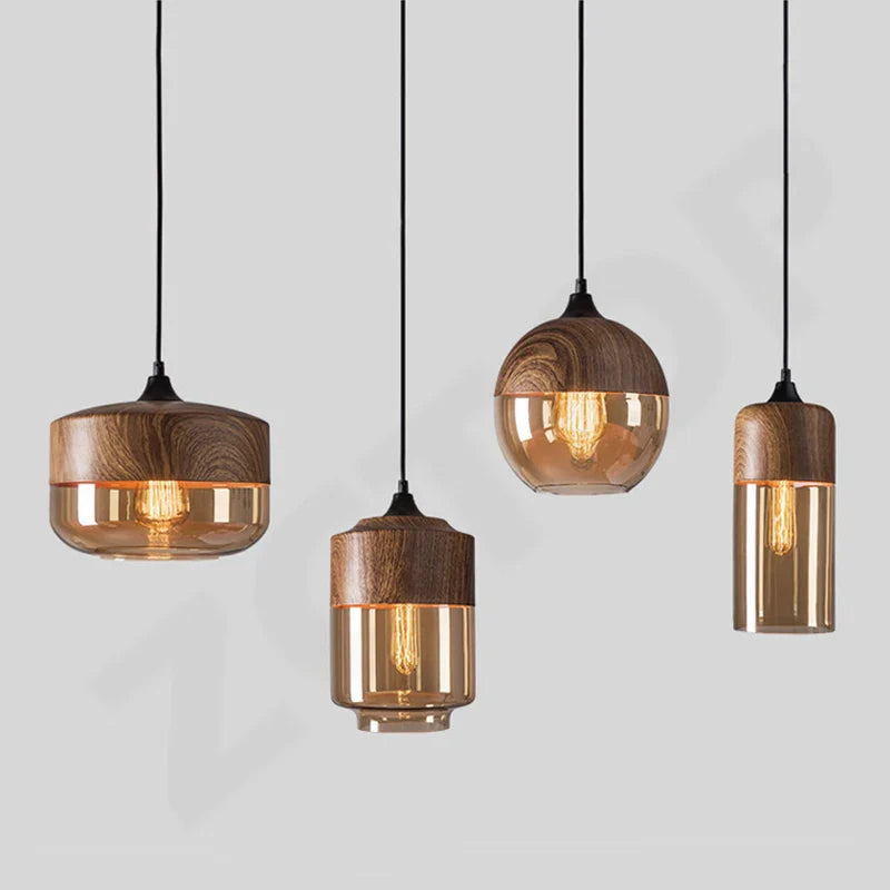 Industrial retro led pendant light with warm amber glass and wood accents as a dining room light source