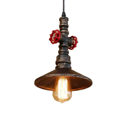 Industrial retro loft pendant light with dark rustic iron pipe design and bright red valve handles for dining room