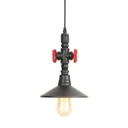Industrial retro loft iron pipe pendant light with black pipes red valve handles and warm-toned bulb for dining room