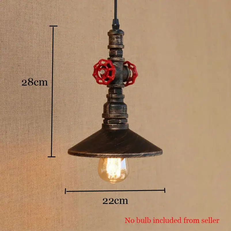 Industrial retro loft pendant lamp with dark rustic iron pipe body and vibrant red valve handles for dining room use
