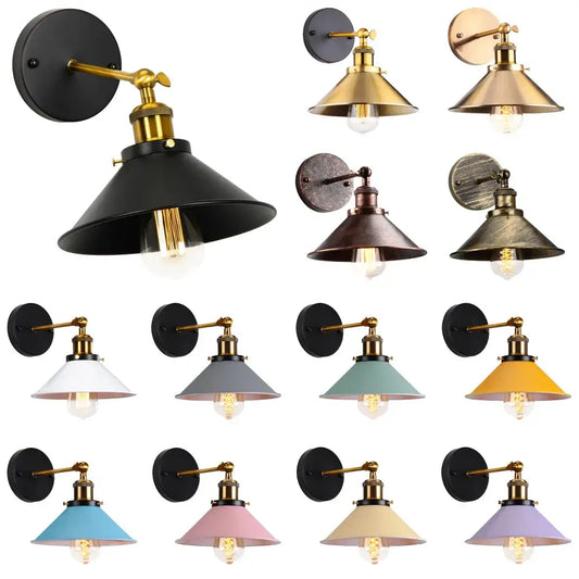 A collection of decorbites industrial retro loft wall sconce with brass accents and colorful conical shades for bedroom use
