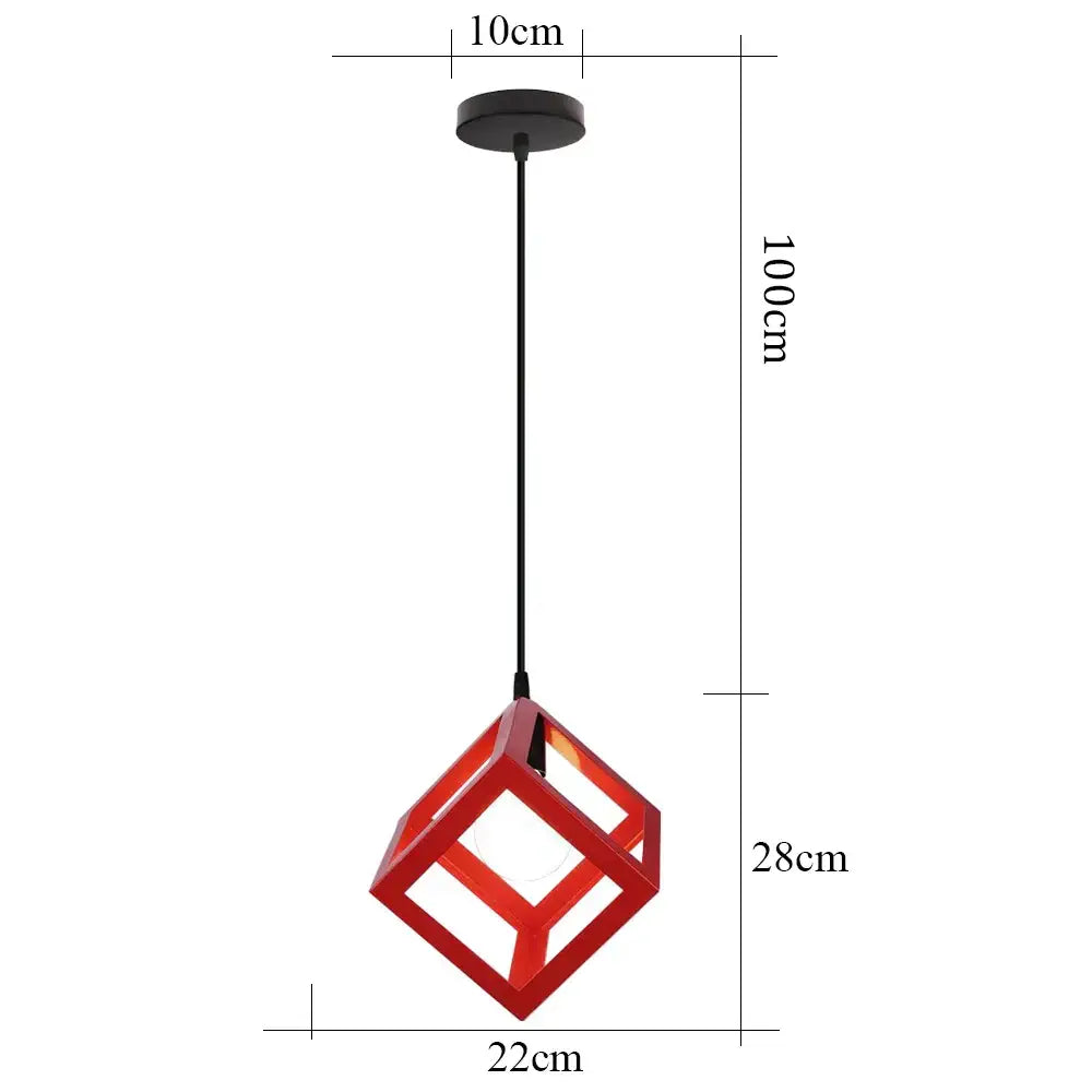 Red geometric decorbites iron pendant light with cube frame and black cable ideal for kitchen and dining room decor