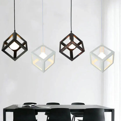 Four geometric cube iron pendant lights with black and white frames and warm bulbs for kitchen decorbites iron pendant light