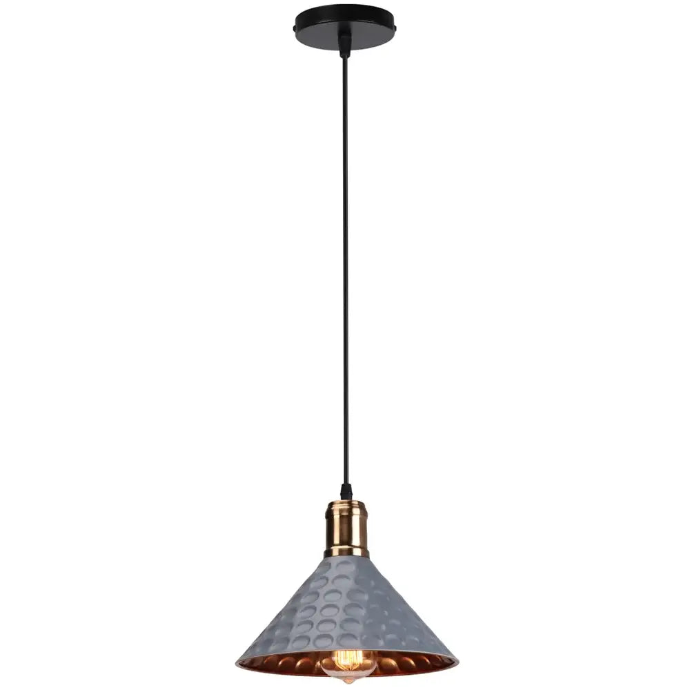 Gray hammered metal industrial retro pendant lamp with copper interior and brass accents for dining room decorbites industrial retro