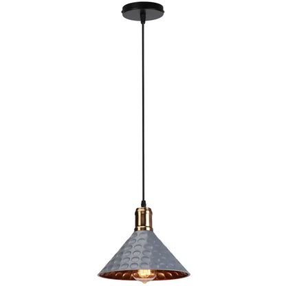 Gray hammered metal industrial retro pendant lamp with copper interior and brass accents for dining room decorbites industrial retro