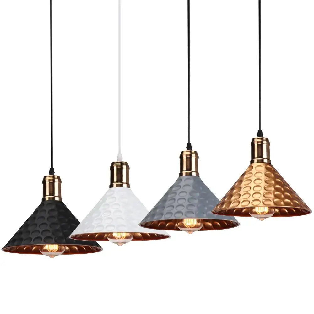 Set of four decorbites industrial retro pendant lamps with hammered metal shades in black white gray and gold for dining room lighting