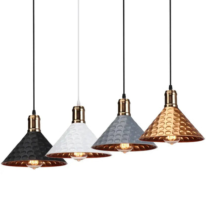Set of four decorbites industrial retro pendant lamps with hammered metal shades in black white gray and gold for dining room lighting