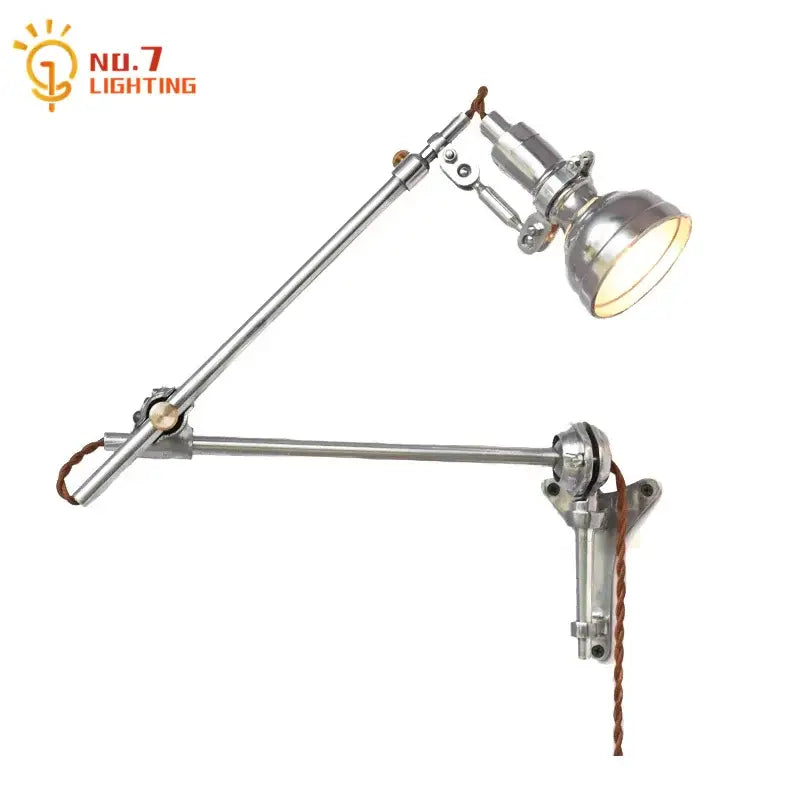 Industrial retro wall lamp with silver metallic finish, articulated arms, and brown braided cord for bedroom decorbites style