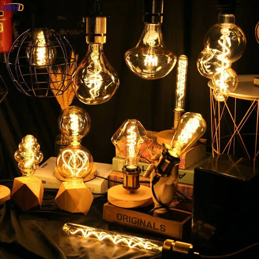 A collection of industrial retro vintage led edison bulbs with warm light and exposed filament decorbites industrial retro style
