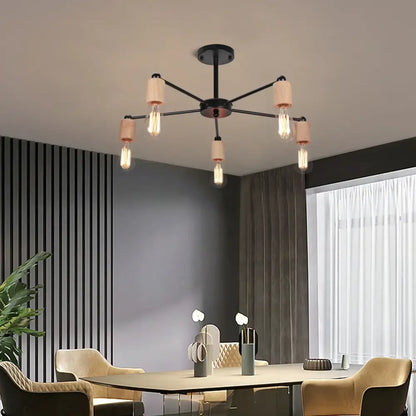 Black metal industrial rod iron ceiling lamp with five exposed Edison bulbs and beige cylindrical lampshades for living room decor