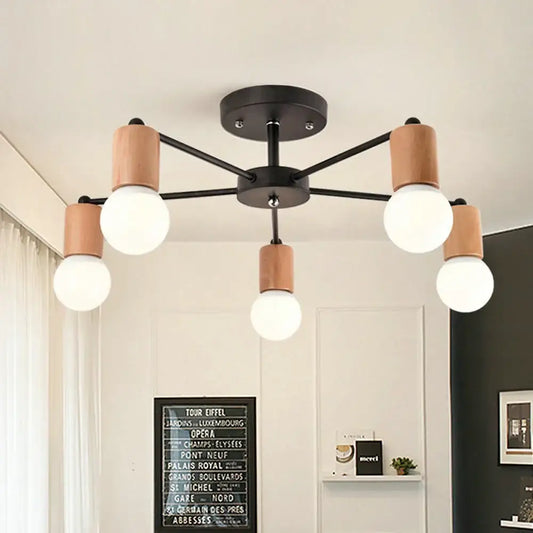Modern black and wood-toned industrial rod iron ceiling lamp with five frosted glass globe bulbs for living room decorbites
