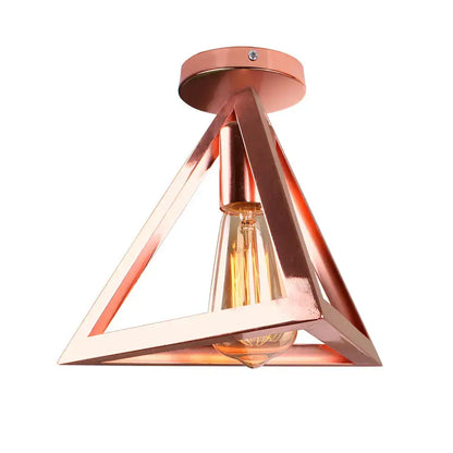 Industrial rose gold and brass ceiling light with copper-toned geometric triangular frame and exposed filament bulb for living room decorbites industrial ceiling light