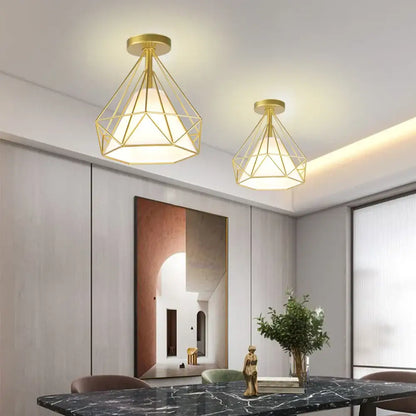 Gold geometric pendant ceiling light with modern faceted design in rose gold and brass for living room decorbites industrial ceiling light