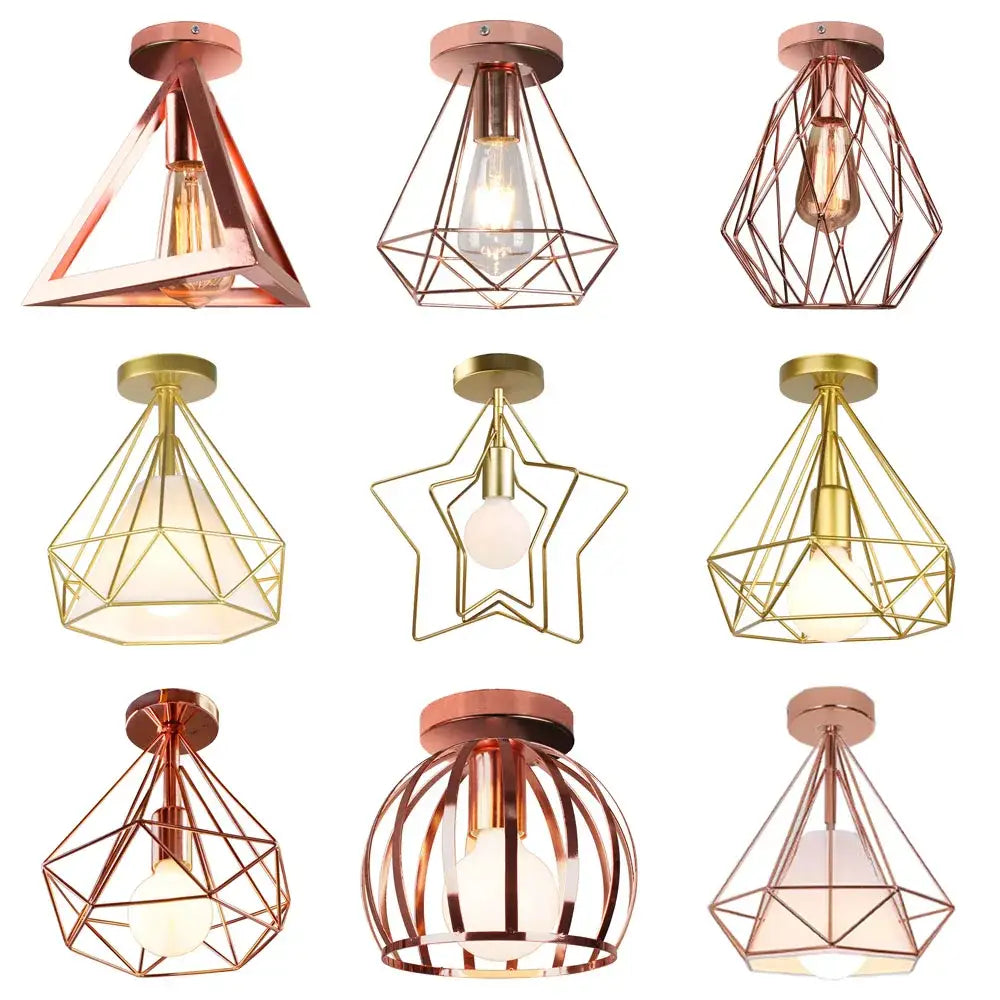 Industrial rose gold and brass ceiling light with geometric wireframe and exposed bulbs for living room decorbites industrial ceiling