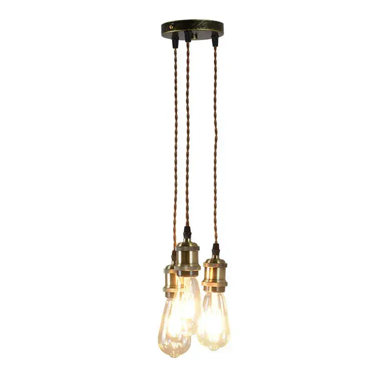 Vintage-style industrial rose gold and chrome led pendant lamp with three exposed filament bulbs and twisted copper cords