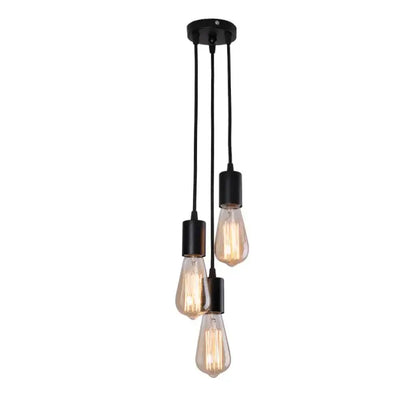 Black industrial-style pendant lamp with three exposed Edison bulb fixtures for dining room led pendant light use