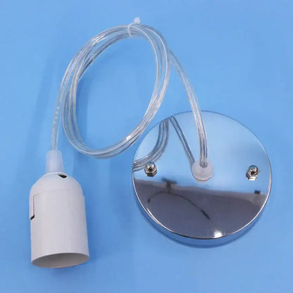 Chrome finished circular led pendant lamp with white plastic bulb holder and transparent cable for dining room light
