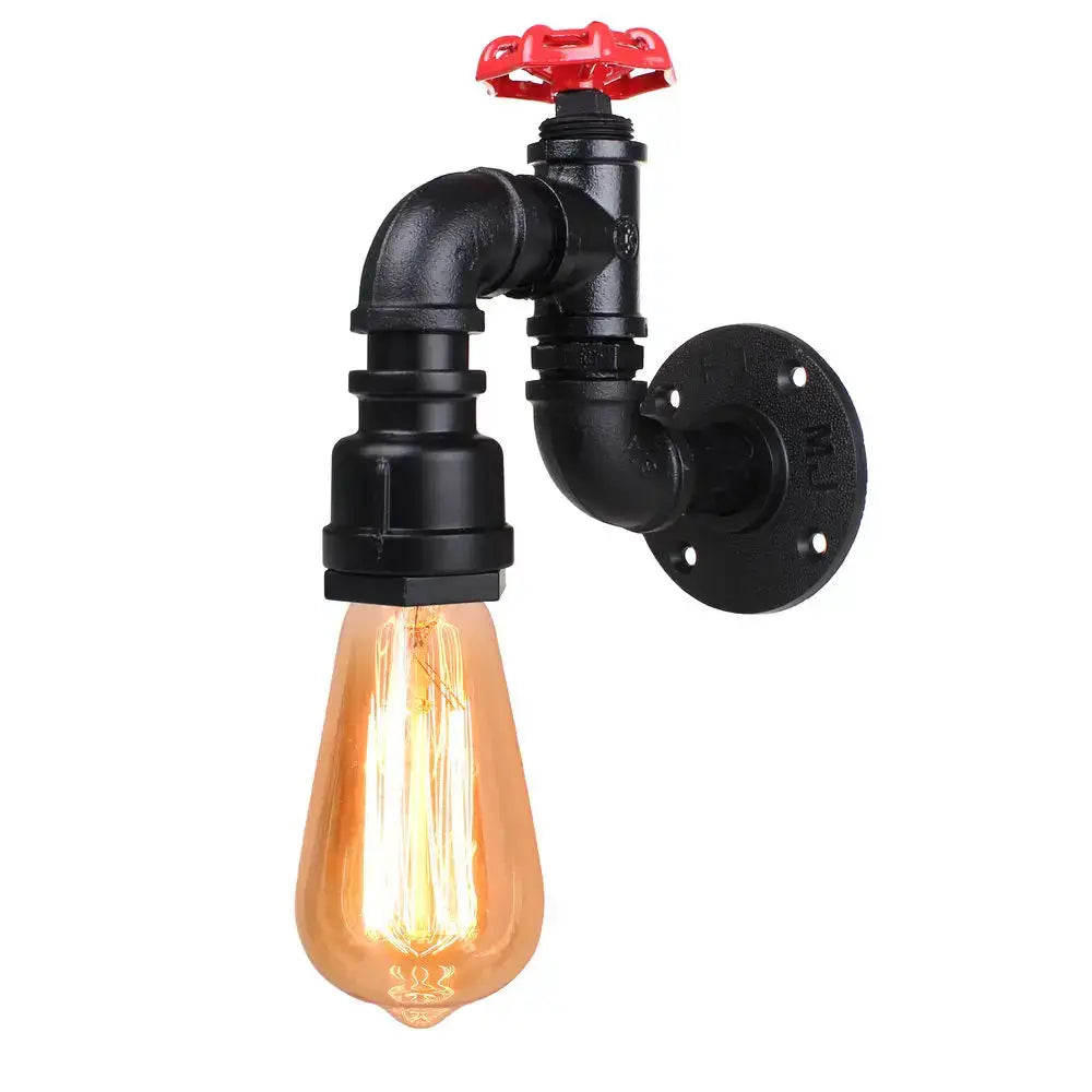 Industrial rusted iron water pipe wall lamp with black pipe, red valve handle, and amber filament bulb by decorbites iron water