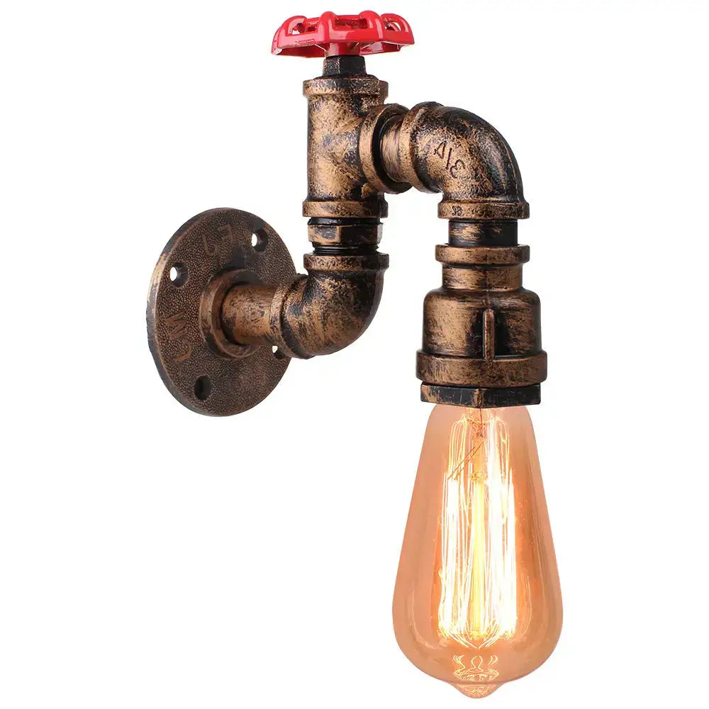 Industrial rusted iron water pipe wall lamp with brass finish red valve handle and exposed filament bulb decorbites iron water