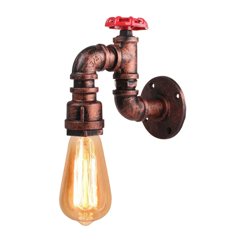 Industrial rusted iron water pipe wall lamp with copper finish, red valve handle, and exposed edison bulb decorbites iron water