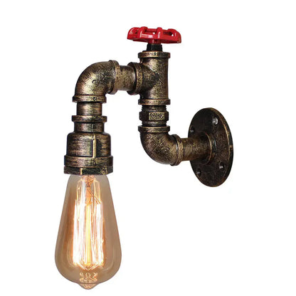 Industrial rusted iron water pipe wall lamp with brass finish red valve handle and exposed filament bulb decorbites iron water