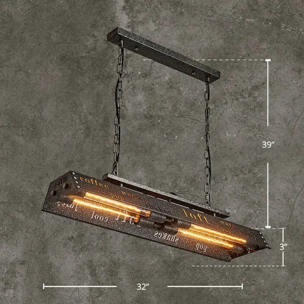 DecorBites™ metal shade 4-light prism island pendant light fixture with dark metal frame and two glowing Edison bulbs for restaurant decor