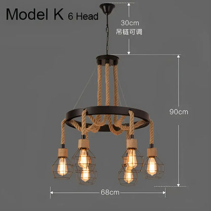 Industrial rustic pendant lights featuring black metal wire cages and six edison bulbs suspended by natural rope for dining room decorbites industrial rustic design