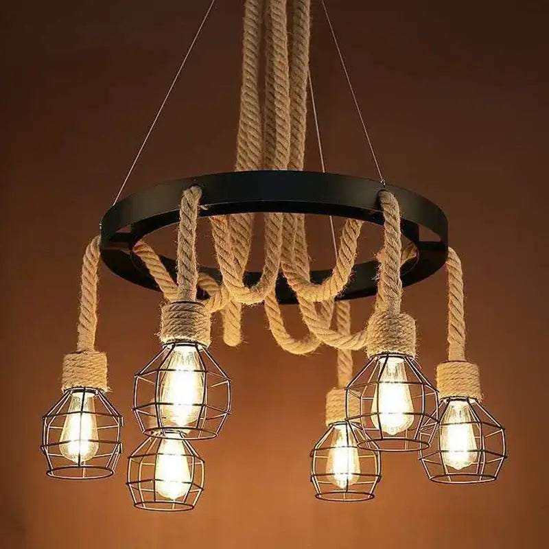 Industrial rustic pendant lights with black metal ring, beige rope suspension, and wire cage Edison bulbs for dining room decorbites