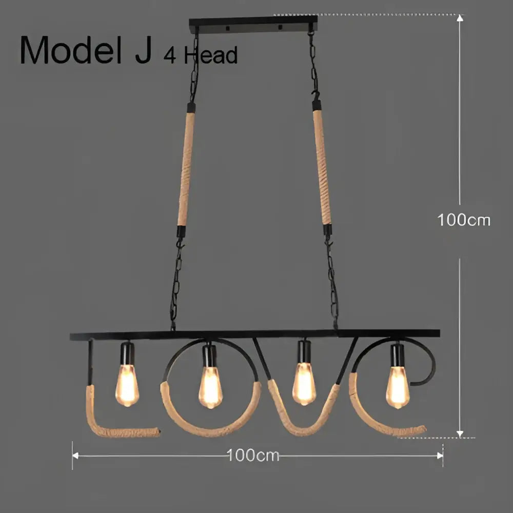 Industrial rustic pendant black metal chandelier with four Edison bulbs and woven rope love design for dining room decorbites pendant lights