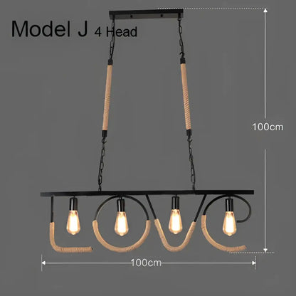 Industrial rustic pendant black metal chandelier with four Edison bulbs and woven rope love design for dining room decorbites pendant lights