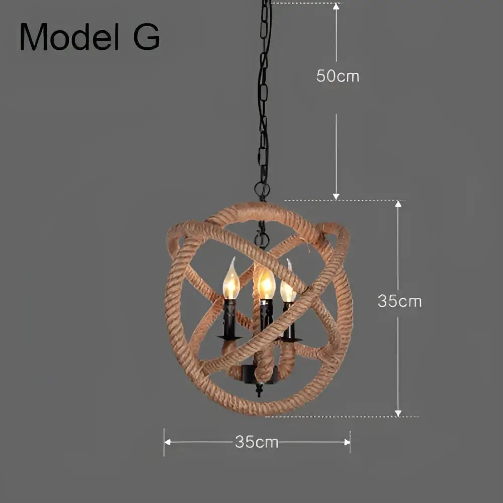 Rope-wrapped spherical industrial rustic pendant light with three candle-style bulbs suspended by black chain