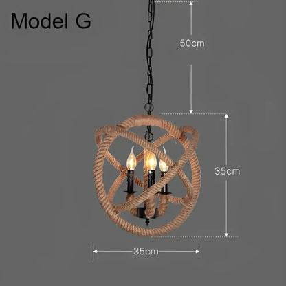 Rope-wrapped spherical industrial rustic pendant light with three candle-style bulbs suspended by black chain