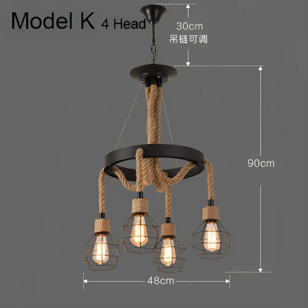 Industrial rustic pendant lights featuring black metal cage shades with four exposed edison bulbs and beige rope suspension