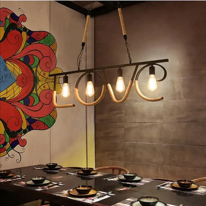 Industrial rustic pendant lights with black metal frame rope accents and exposed bulbs for dining room decorbites design