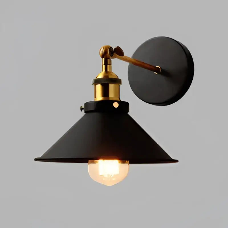 Black industrial rustic pendant light with brass accents and conical shade for dining room decorbites industrial rustic
