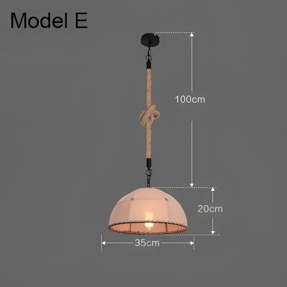 Model e pendant light with beige fabric shade and natural rope suspension in decorbites industrial rustic pendant lights design