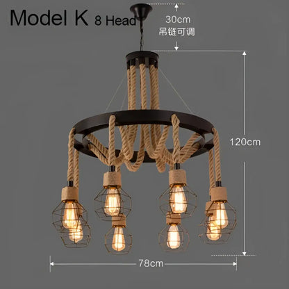 Industrial rustic pendant lights featuring black metal cage chandelier with eight edison bulbs and beige rope suspension