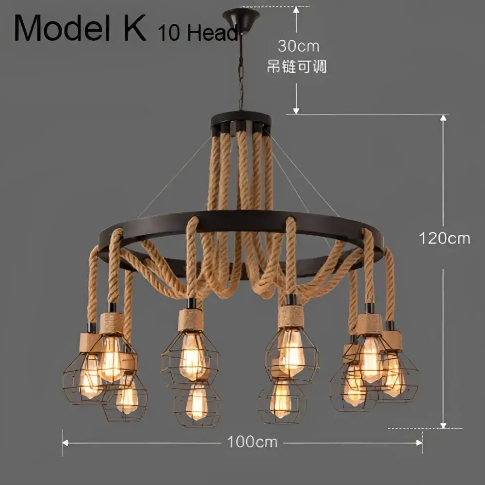 Industrial rustic pendant lights with ten exposed Edison bulbs black metal frame and natural rope suspension decorbites