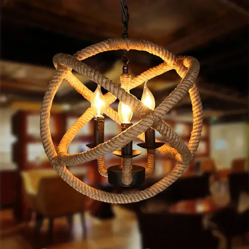 Rope-wrapped spherical pendant light with three candle-style bulbs for decorbites industrial rustic pendant lights