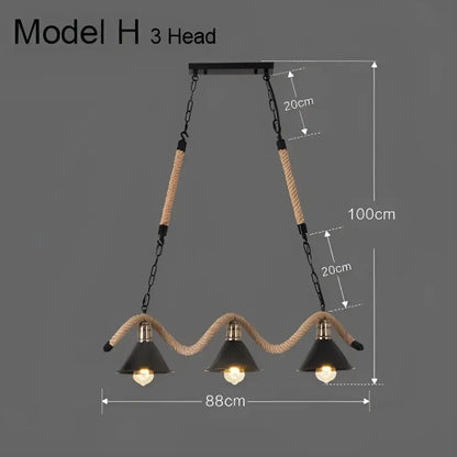 Industrial rustic pendant lights dining room with black metal frame rope accents and matte black conical shades pendant lights
