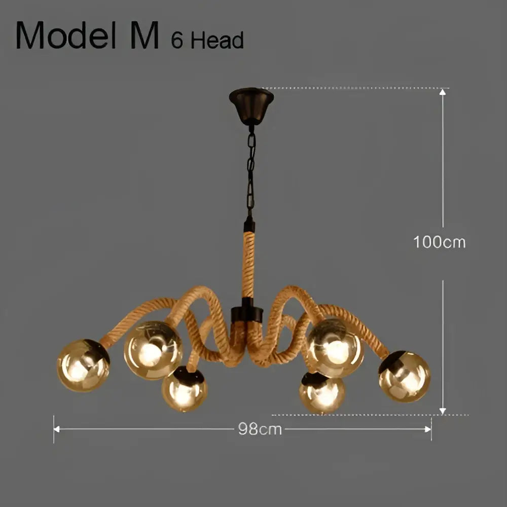 Bronze-finished industrial rustic pendant lights with six glass globe shades and twisted rope arms for dining room decorbites