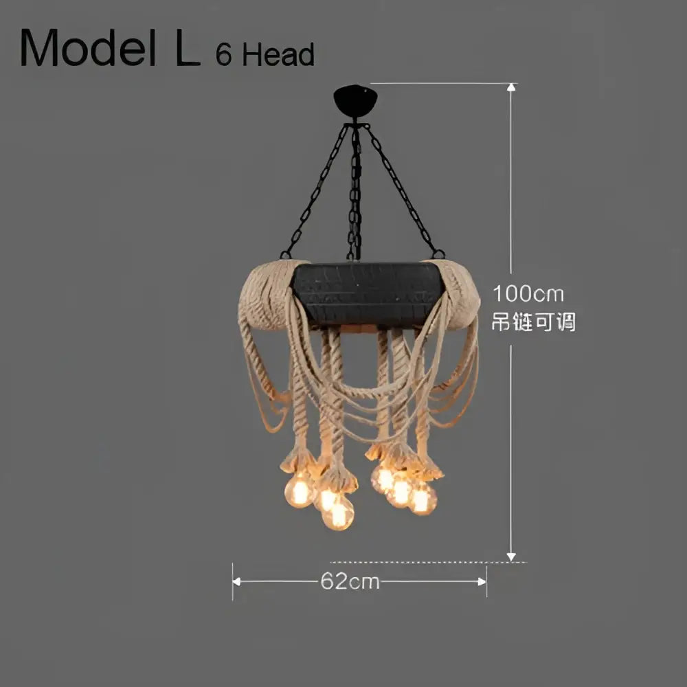 Industrial rustic pendant lights with six exposed bulbs, black metal frame, and beige rope for dining room decorbites pendant lights