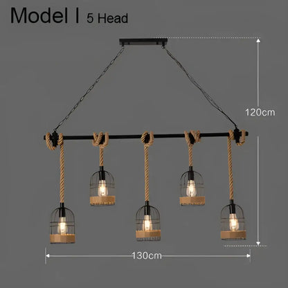 Industrial rustic pendant light with five black metal birdcage shades and natural rope suspension for dining room decorbites pendant lights