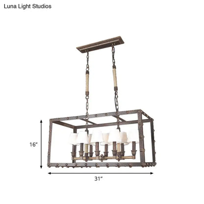 Industrial rustic rope 8-light chandelier with dark metal frame, rope-wrapped chains, fabric barrel lampshades for 220v-240v use
